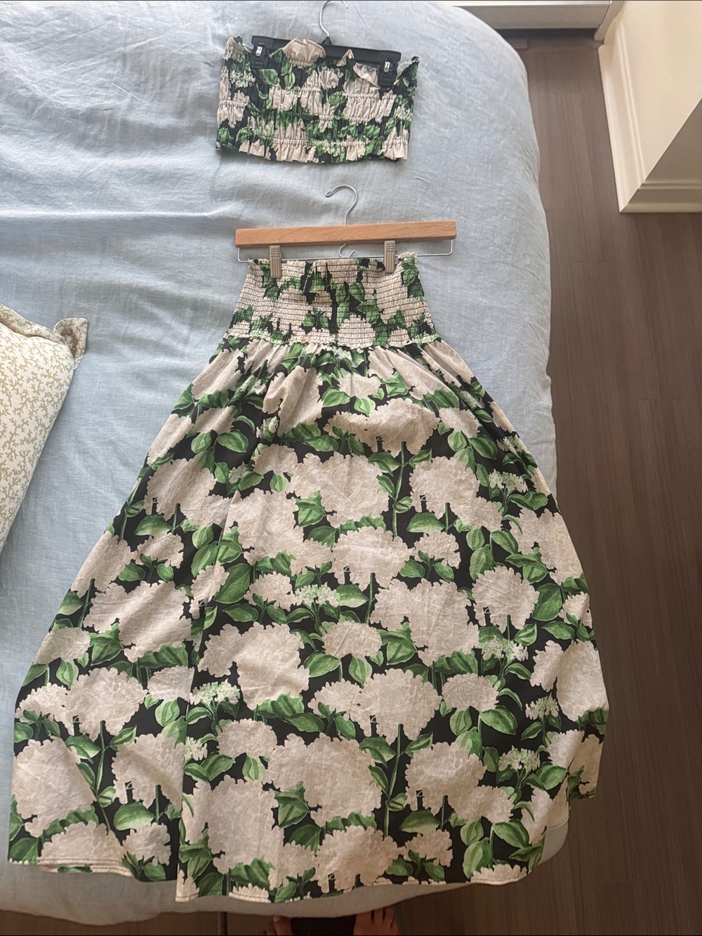 Hill House Floral Smocked Maxi Skirt in Black, Green & Cream